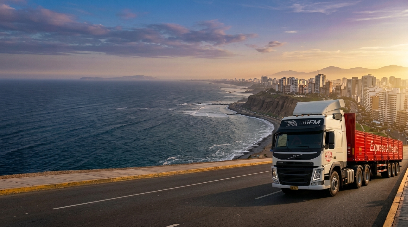 Camión de Expreso Alfredito circulando por el malecón de la costa peruana al atardecer
